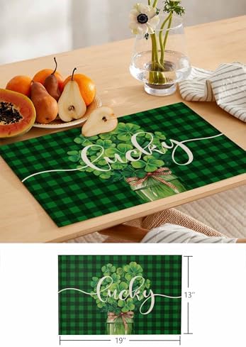 Shamrock Clover Green Buffalo Plaid Placemats Set of 4, Irish Spring Cotton Linen Table Mats Non-Slip Washable Dark Green Check Shamrock St. Patrick's Day Leaf Placemat for Dining Kitchen Table Decor