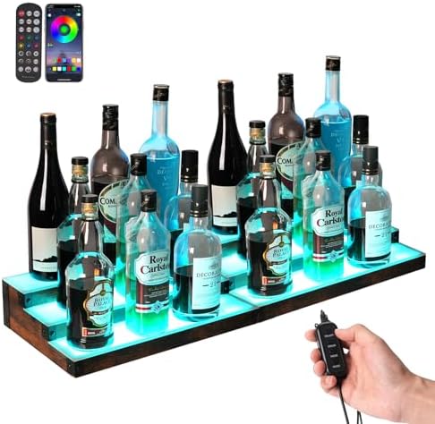 2-Pack 16‘’ LED Lighted Liquor Display, 3-Tier 32Inch Total Bar Shelves for Liquor Bottle, Illuminated Home Bar Shelf with RF & App Control, 7 Colors, Music Sync& 1-4H Timming, Light-Up Whiskey Rack