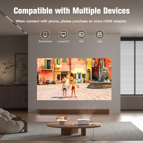 AuKing Projector, 2026 Upgraded Mini Projector, Full HD 1080P Home Theater Video Projector, Compatible with HDMI/USB/Smartphone/TV Box/Laptop (White)