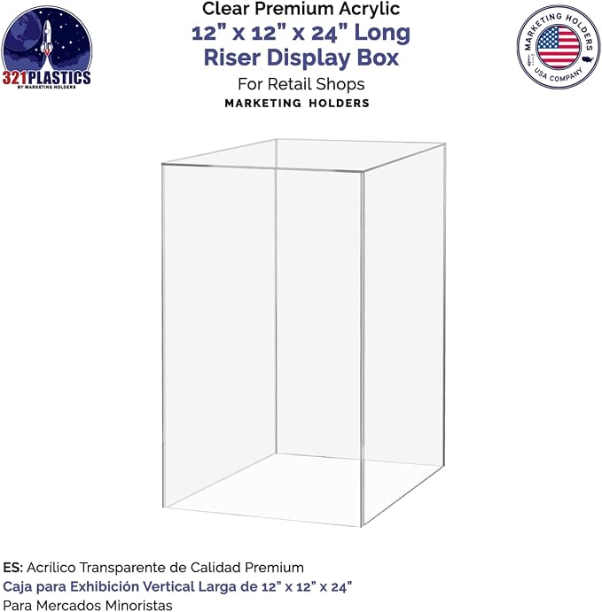 Marketing Holders Acrylic Plinth Display Riser Box with One Open Side Versatile Clear Column 12" x 12" x 24" No Lid Merchandise Socle or Storage Bin or Retail Product Riser No Assembly