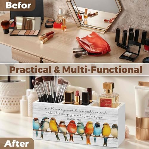 Christian Bird Pencil Pen Holder for Desk Organizer, Christian Gifts for Women Men, Religious Bible Verse Wooden Box Decorations for Home Office Bedroom Desk Tabletop Decor