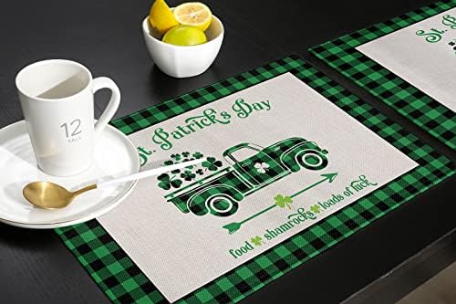 St. Patrick's Day Placemats Set of 6, Farm Buffalo Plaid Truck Shamrock Clover Cotton Linen Heat Resistant Table Mats Washable Spring Holidays Decorations For Kitchen Dining Table Green Black