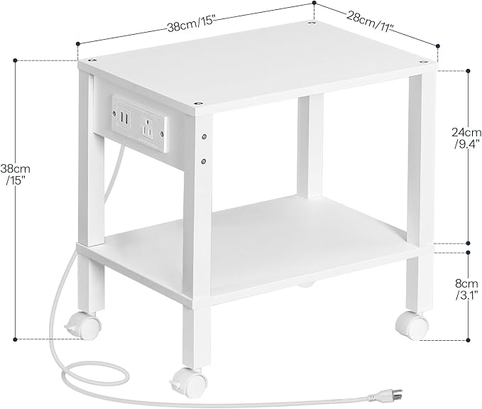 HOOBRO 2-Tier Printer Stand with Charging Station, Under Desk Printer Table, Printer Cart with Storage Shelves, Shelf for Small Spaces, for Home Office, White WT38UPS01