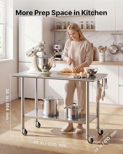 VEVOR Stainless Steel Work Table, 24x48 inch Food Prep Table with Wheels and Backsplash, Commercial Kitchen Workstation with Adjustable Undershelf, Metal Utility Worktable, for Restaurant Home Outdoor