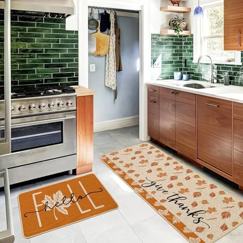 Baccessor Maple Leaves Fall Kitchen Rugs Set of 2, Autumn Leaves Kitchen Mats for Floor Low-Profile Fall Thanksgiving Home Decor 17x29 and 17x47 Inch