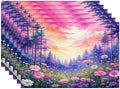 Batmerry Forest Flowers Sunset Linen Placemats Set of 6, Beautiful Forest Sunset Scene Washable Table Mats for Kitchen Table Thickened Heat Insulation Dining Set Indoor Outdoor 12X18 in