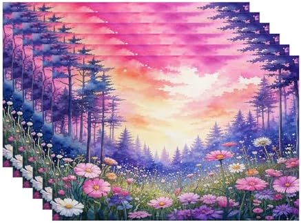 Batmerry Forest Flowers Sunset Linen Placemats Set of 6, Beautiful Forest Sunset Scene Washable Table Mats for Kitchen Table Thickened Heat Insulation Dining Set Indoor Outdoor 12X18 in