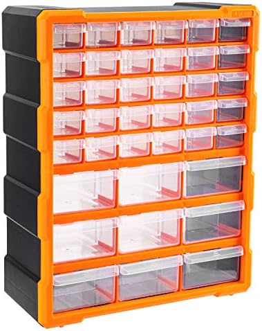 Amazon Basics Wall Mount Hardware and Craft Storage Cabinet Organizer with 39 Drawers, Plastic Garage Organization System with Dividers for Small Parts, Black, Orange, 15" x 6.3" x 18.6"