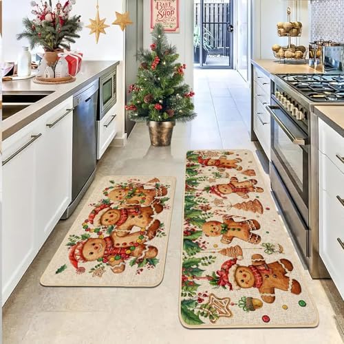 Baccessor Christmas Gingerbread Kitchen Rugs Set of 2,Merry Christmas Xmas Winter Kitchen Mats Washable Non Slip for Floor Hallway Laundry Sink Holiday Home Decor 17x29 and 17x47 Inch