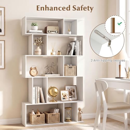 Giantex 5-Tier Bookshelf, 10-Cube White Geometric Bookcase with 5 Closed-Back Cubbies, Anti-toppling Kits, Open Display Storage Shelf for Living Room, Home Office, Bedroom