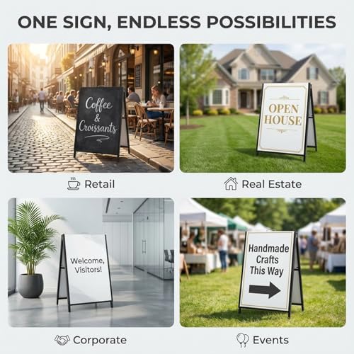 Heavy Duty A Frame Sign 24x36 inch - Double Sided Slide-in Metal Sandwich Board for Outdoor Sidewalk Business Advertising, Black Folding Pavement Display Stand, Frame Only