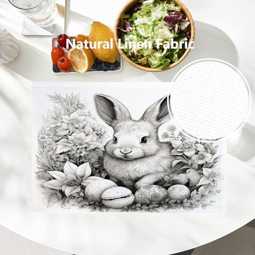 Batmerry Bunny with Eggs Flowers Linen Placemats Set of 4, A Bunny Surrounded By Eggs and Flowers Washable Table Mats for Kitchen Table Thickened Heat Insulation Dining Set Indoor Outdoor 12X18 in
