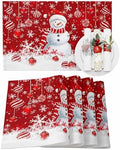 Christmas Placemats Set of 4, Snowman Heat Resistant Washable Dining Table Mats Xmas Holiday Farmhouse Decor for Kitchen&Linens Outdoor Indoor, Snowflake Red Christmas Balls