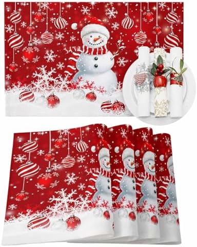 Christmas Placemats Set of 4, Snowman Heat Resistant Washable Dining Table Mats Xmas Holiday Farmhouse Decor for Kitchen&Linens Outdoor Indoor, Snowflake Red Christmas Balls