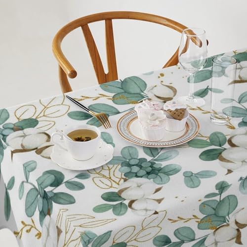 Cotton Flowers Tablecloth, Watercolor Summer Green Golden Eucalyptus Leaves Floral Print Table Cloth for Outdoor Picnic Home Dining Kitchen Table Decor 60x120in