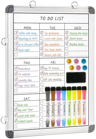 LUCYCAZ Weekly Dry Erase Board, 16" x 12" Magnetic Dry Erase Board for Wall, Hanging Double-Sided to Do List Whiteboard, Small Weekly Planning Board for School, Home, Office