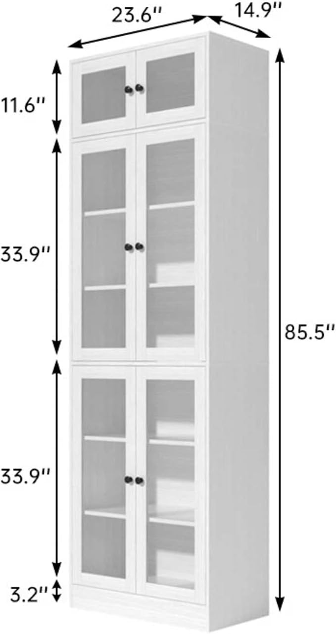 TUSY 85.5" Modern Tall Bookcase with Glass Doors, 7-Tier Wood Bookshelf with Storage for Home Office, Large Curio Cabinet for Living Room, Office, Bedroom, Family Room (White, A)