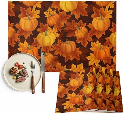 Thanksgiving Placemats Set of 4,Cotton Linen Heat Resistant Table Mats Washable Farmhouse Harvest Pumpkin Maple Leaves It's Fall Y'all Placemat for Holiday Banquet Party Dining Kitchen Table Decor