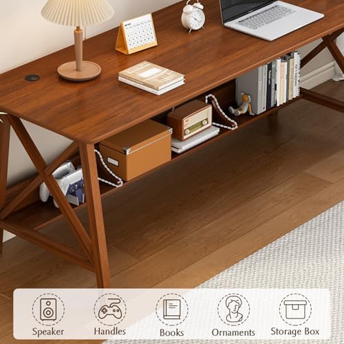 NELYE Extra Long Writing Desk with Bookshelf, 63" Wx20 Dx30 H, Walnut