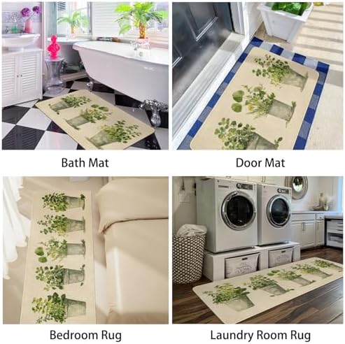 Spring Summer Farmhouse Kitchen Rugs and Mats Set of 2,French Herbs Wildflowers Flowers Floral Plants Non Slip Washable Floor Sink Mats Decorations for Home Kitchen 18"x48"+18"x30"