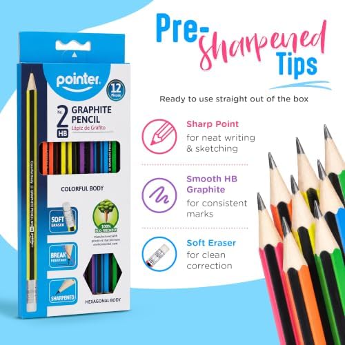Pointer Wooden Pencils Pre-Sharpened HB Graphite Colorful Assorted Bodies, Hexagonal Grip for Comfortable Use with Soft Erasers Strong Break-Resistant Core Smooth Writing for Classrooms Work - 12Pcs