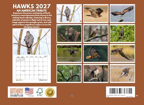 JJ Audubon Tribute Hawk Calendar 2027 Monthly Wall Calender 12 Month | American Made In The USA