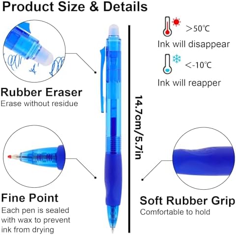 USUAL Retractable Erasable Pens 12 Blue Erasable Gel Pen 0.5mm Erasable Gel Pens Black Make Mistakes Disappear Smooth Writing Pen Office Back-to-School Supplies (Blue)