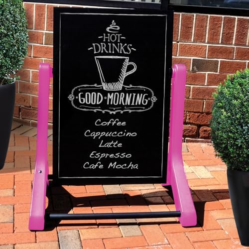 Swinging Changeable Message Sidewalk Sign 24″ x 36″ – Outdoor Advertising Sign Board with 792 Pre-Cut Double-Sided Letters & Storage Box – Heavy-Duty, Rust-Resistant Sidewalk Display for Businesses & Events (Pink Legs)