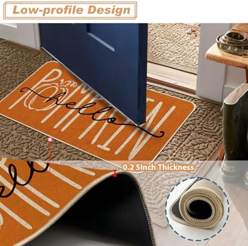 Baccessor Fall Kitchen Rugs Set of 2, Pumpkin Kitchen Mats for Floor Low-Profile Autumn Thanksgiving Home Kitchen Decor 17x29 and 17x47 Inch