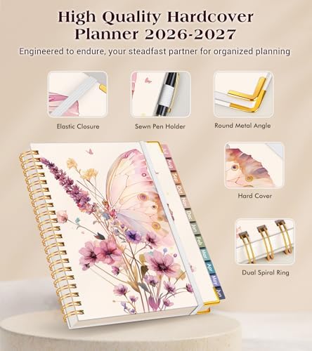 Academic Planner 2026-2027, Hardcover Weekly and Monthly Calendar Planner from July 2026 - June 2027, 6.1" x 8.2" A5 Daily Agenda with Tabs, College School Organizer for Student Teacher, Butterfly Bouquet