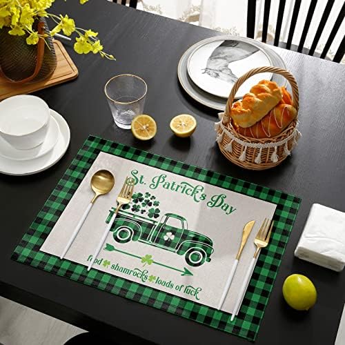 St. Patrick's Day Placemats Set of 6, Farm Buffalo Plaid Truck Shamrock Clover Cotton Linen Heat Resistant Table Mats Washable Spring Holidays Decorations For Kitchen Dining Table Green Black