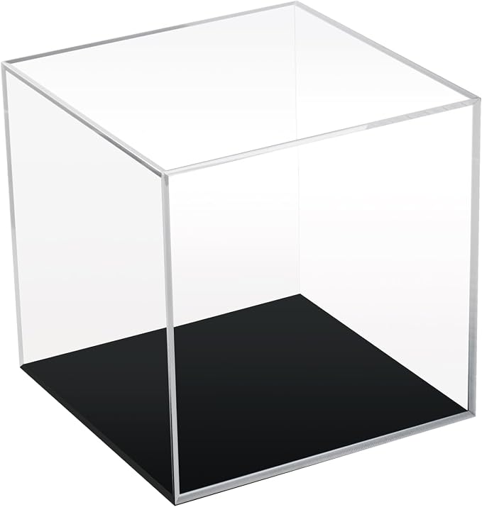 5x5x5Inch Acrylic Simple Self-Assembly Display Box with Black Base | Removable Figures Toys Props Display Riser Stand, Cube Countertop Decorative Storage Box for Collectibles Home Organization