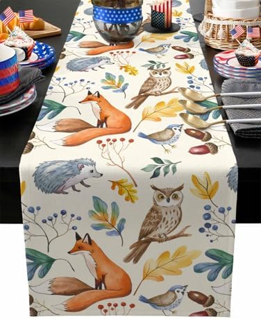 Fall Table Runner Autumn Animal Table Runners Harvest Thanksgiving Owl Bird Fox Leaves Cotton Linen Dresser Scarf Kitchen Dining Table Decor for Autumn Holiday Party Coffee 13x60 Inch