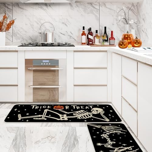 JarThenaAMCS Halloween Kitchen Mats Set of 2, Spooky Skeleton Kitchen Floor Mat Non-Slip Trick or Treat Doormat for Indoor Outdoor Home Party Decor, 17 x 29 & 17 x 47 Inch