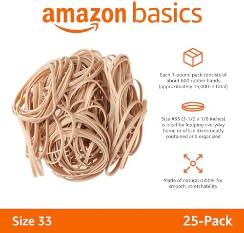 Amazon Basics Rubber Bands, Office Supplies, Size 33 (3-1/2 x 1/8 Inch), 600 Bands/1 lb Pack, 25-Pack, Tan