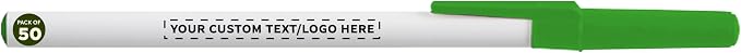 DISCOUNT PROMOS Custom Value Stick Pens Set of 50, Personalized Bulk Pack - Blue Ink, Great for Office, School, Business, Tradeshows, Events - Green Cap