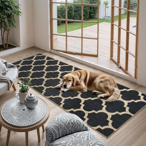 Lahome Moroccan Easy Jute Runner Rug 2x6, Black Outdoor Washable Runner Rugs for Porch Kitchen, Geometric Trellis Woven Long Carpet for Laundry, Thin Non Slip Farmhouse Porch Decor