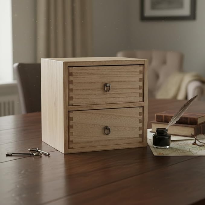 DDYURI Wooden Desktop Drawer Organizer Box 2-Tier Tabletop Cabinet Storage Organization for Makeup Dressing Table Light Brown