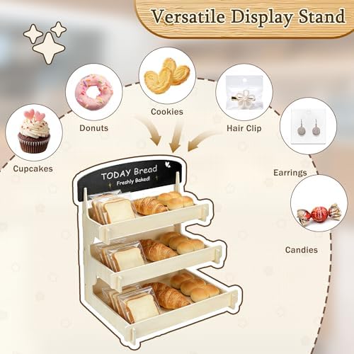 Wooden Cookie Display Stand with Chalkboard Sign for Market Booths, Craft Fairs & Events 3- Tier Cookie Display for Bakers & Vendors to Show Cupcakes, Bread, Muffins & Pastries