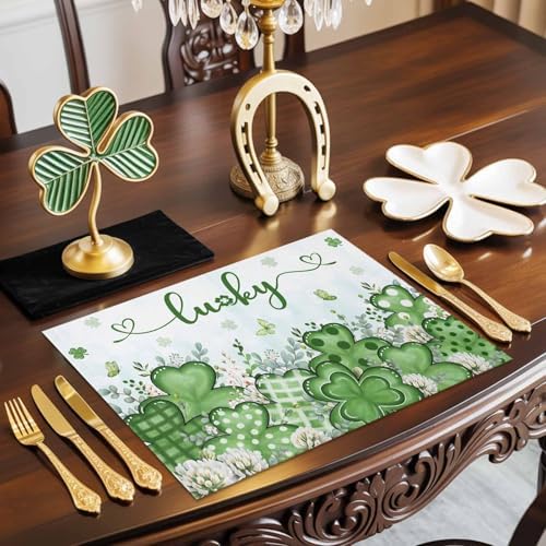 St. Patrick's Day Placemats Set of 6, Lucky Clovers Place Mats Washable Dining Table Mats Spring Holiday Party Decor for Kitchen&Linens Outdoor Indoor, Blue Green Shamrock Leaves