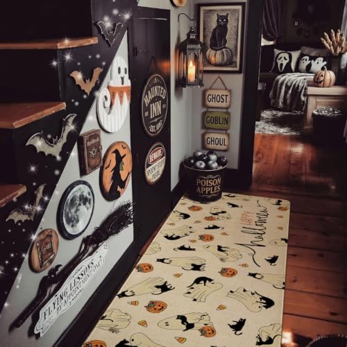 Ghost Black Cat Halloween Kitchen Rugs and Mats Set of 2, (17"x47"+17"x30") Gothic Cute Spooky Season Pumpkin Trick Or Treat Non Skid Washable Runner Rugs for Home Decor Decorations and Accessories
