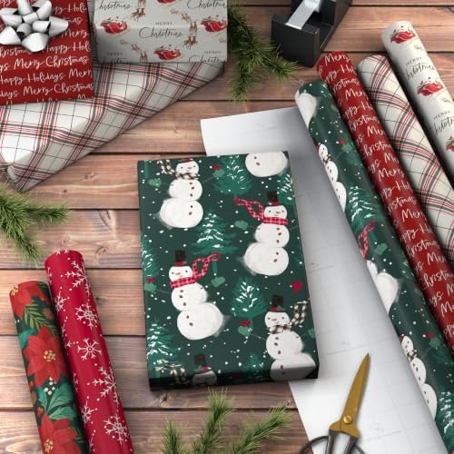 Hallmark Rustic Recyclable Christmas Wrapping Paper (6 Rolls: 180 Sq. Ft. Total) Red, White and Hunter Green Plaid, Poinsettias, Snowflakes, "Merry Christmas," Snowman, Santa