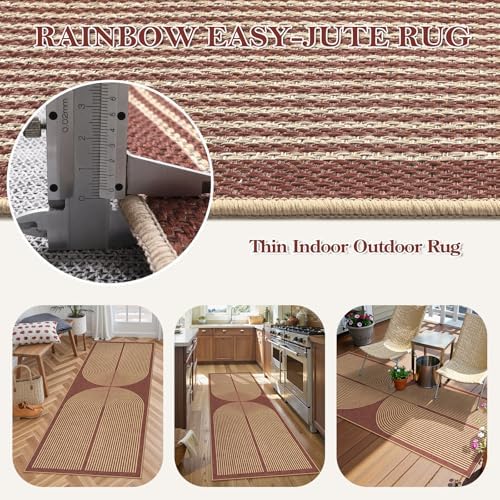 Lahome Modern Rainbow Easy Jute 2x6 Runner Rug, Red Kitchen Runner
