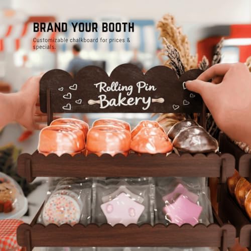 HOTCAN Wooden Cookie Display Stand with Chalkboard Sign for Bakers, Vendors, Craft Fairs | Pastry Display for Market Booths & Events | 3 Tiered Cookie Display for Muffins, Cakes, and Pastries (Brown)