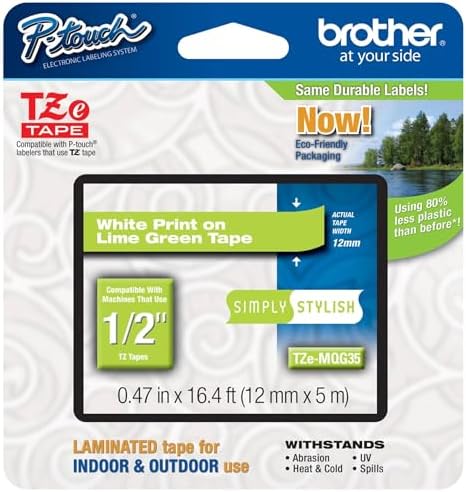 Brother Genuine P-Touch TZE-MQG35 Tape, 1/2" (0.47") Laminated White on Lime Green Water-Resistant 0.47" x 16.4 ft (24mm x 8mm), Single-Pack