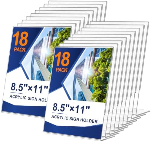 18 Pack Acrylic Sign Holder 8.5 x 11, Plastic Clear Display Stand for Tabletop, L-Shaped Vertical Acrylic Paper Holder for Menu, Flyers, Office, Restaurants, Documents, Store, Desktop