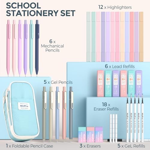 Nicpro School Supplies with Cute Pencil Case, 39 PCS Blue | Back to School Stationery Set, Essentials for College Nursing Student, 12 Pastel Highlighter, 6 Mechanical Pencil, 5 Gel Pen