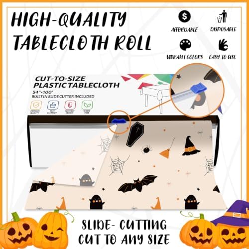 CXPSINC 54 Inch X 100 Feet Plastic Table Cover Roll Disposable Halloween Tablecloth with Slide Cutter Ghost Bat Plistic Table Covers for Halloween Party Decorations(Halloween Beige, 100 Feet)