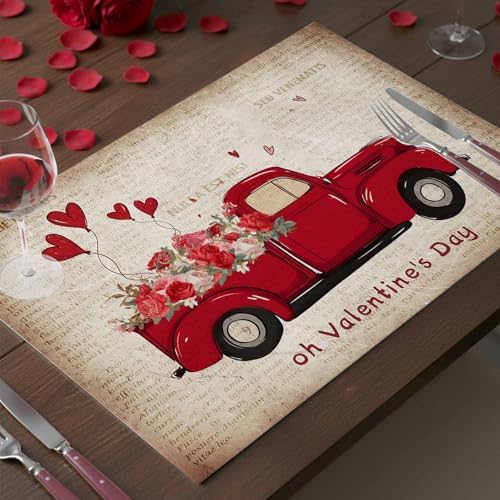 Valentines Day Placemats Set of 6, Red Truckload of Love Rustic Farmhouse Cotton Line Fabric Heat Resistant Table Mats Non-Slip Washable Mats Decoration for Home Kitchen Dining Wedding Holiday Party