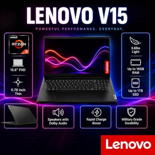 Lenovo 2026 V15 Business Laptop with Microsoft 365 for The Web, AMD 7000 Series Ryzen CPU (Beats Intel i7-1160G7), 15.6" FHD Display, 16GB RAM, 2TB SSD, RJ-45, HDMI, Wi-Fi 6, Windows 11 Pro